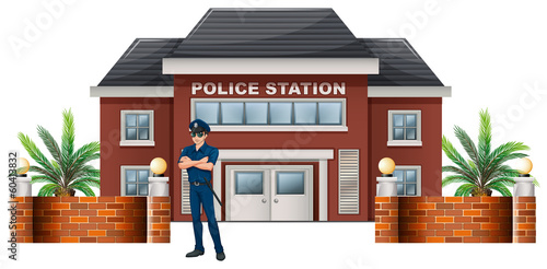 A policeman standing in front of the police station