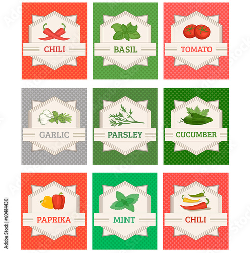 labels, garlic, basil, chili, pepper ,mint, paprika