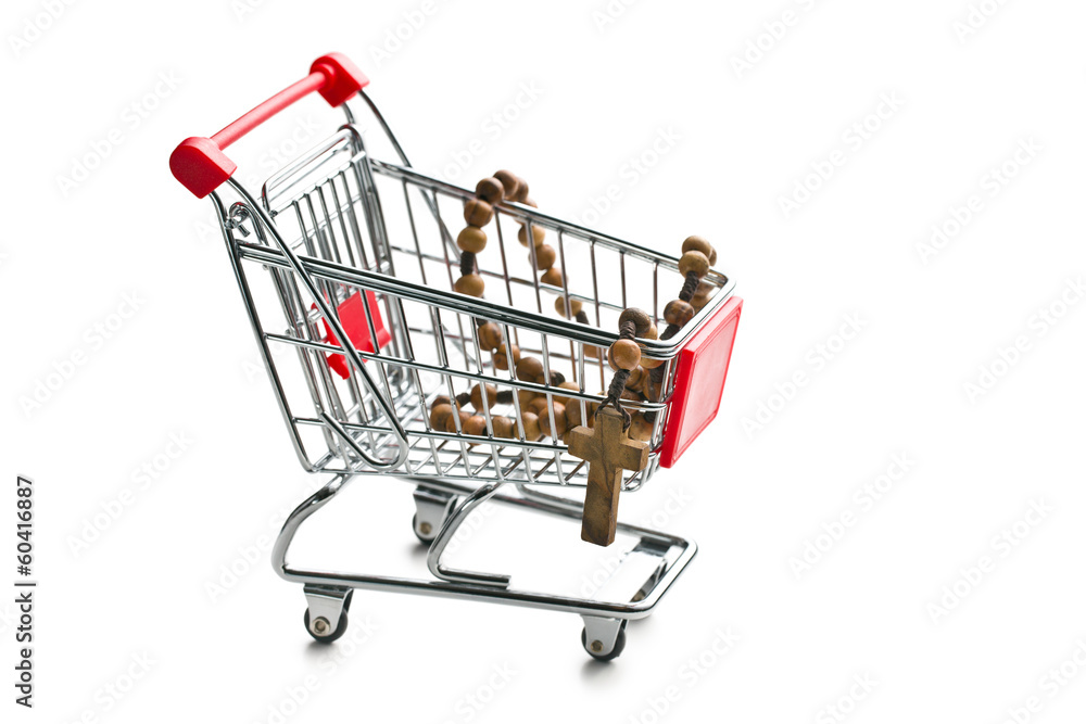 rosary beads in shopping cart