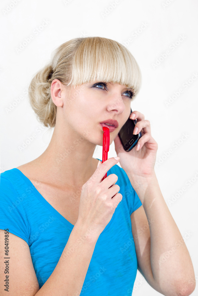 Woman the manager speaks by phone with client Woman the manager speaks by phone with client