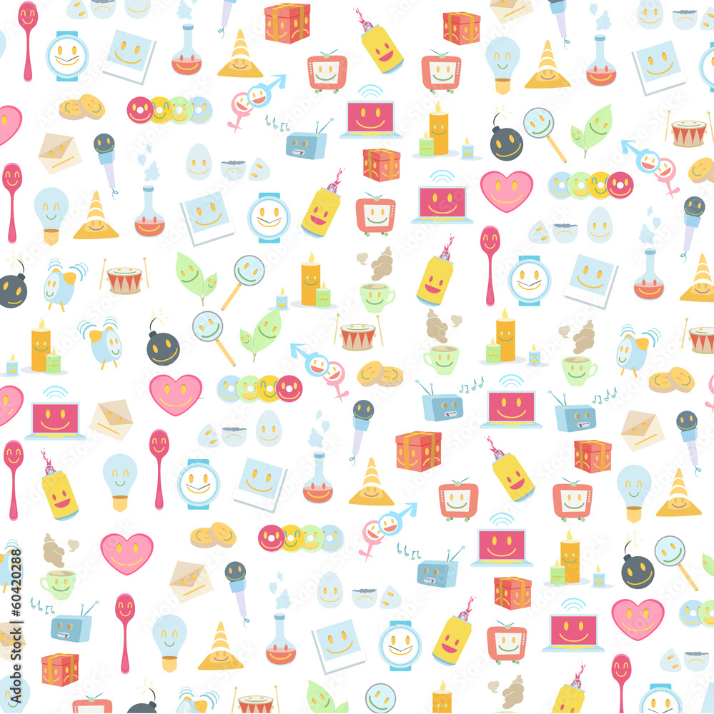 Pattern of cute icons over white background. Pattern of cute icons over white background.