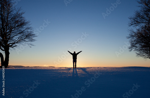 silhouette of man standing in winter landscape