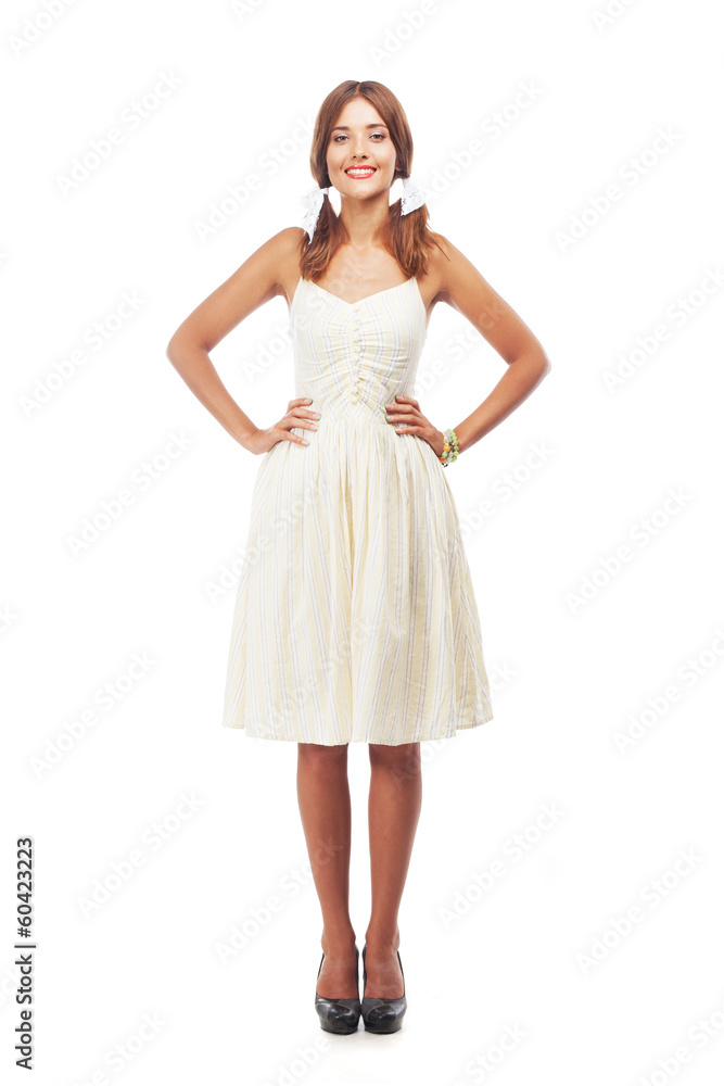 Lovely woman in sundress against white background