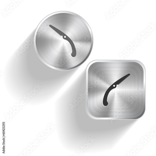 Hand saw. Vector set steel buttons
