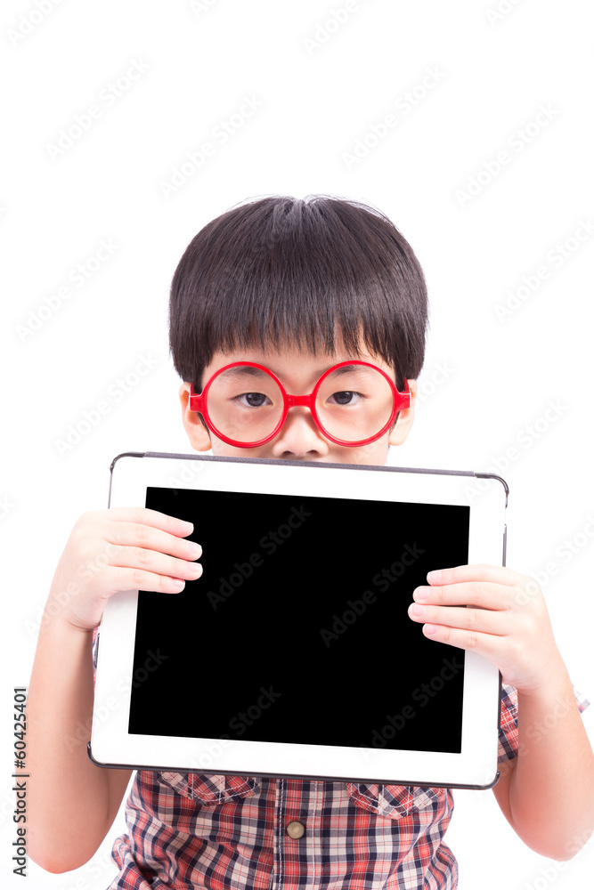 Happy child holding tablet PC