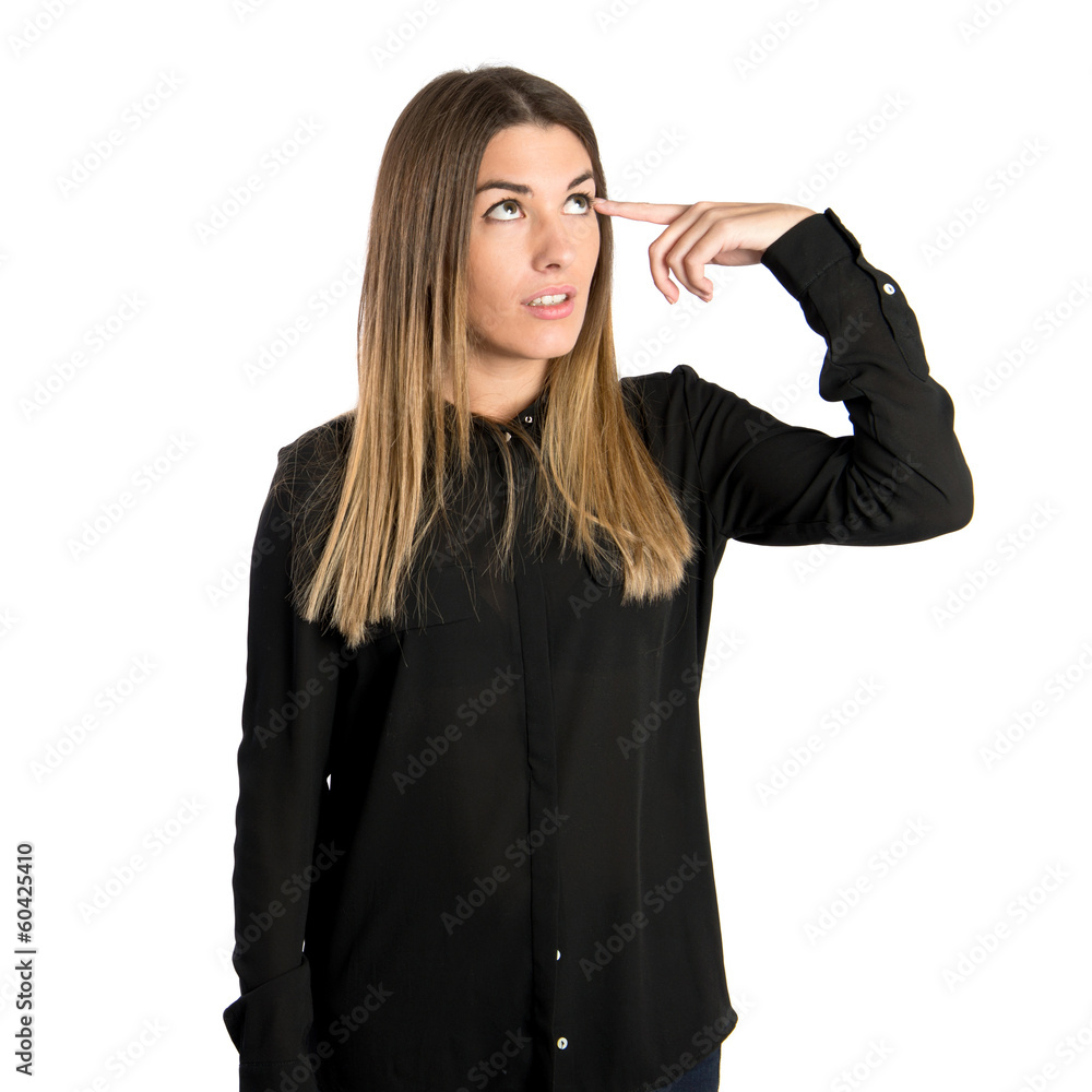 Businesswoman making a crazy gesture over white background