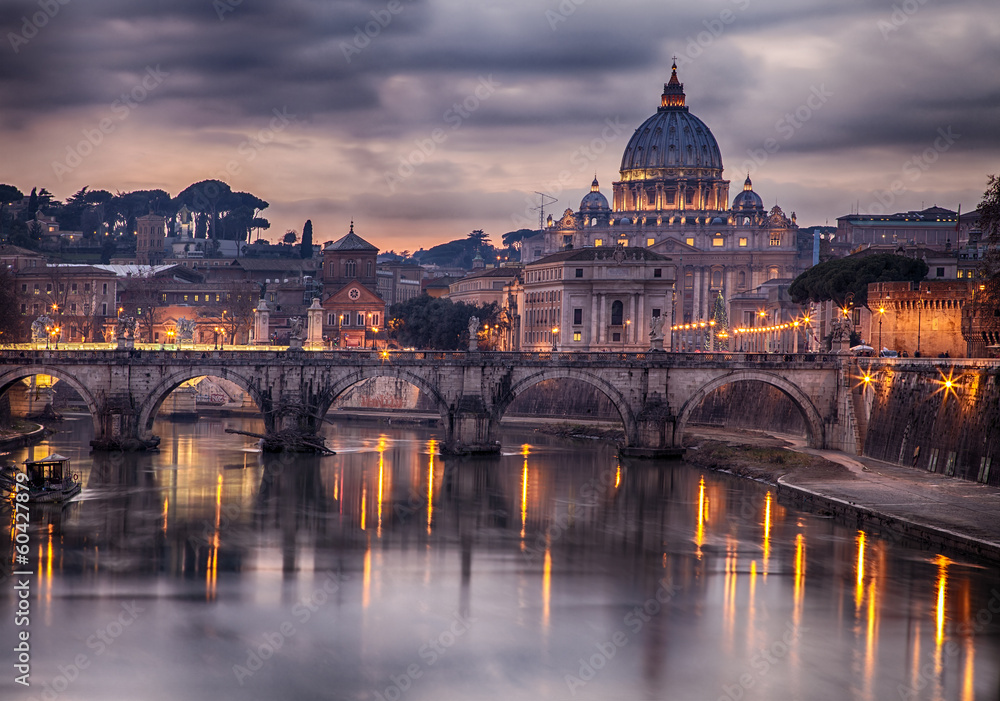 Illuminated bridge in Rome Italy