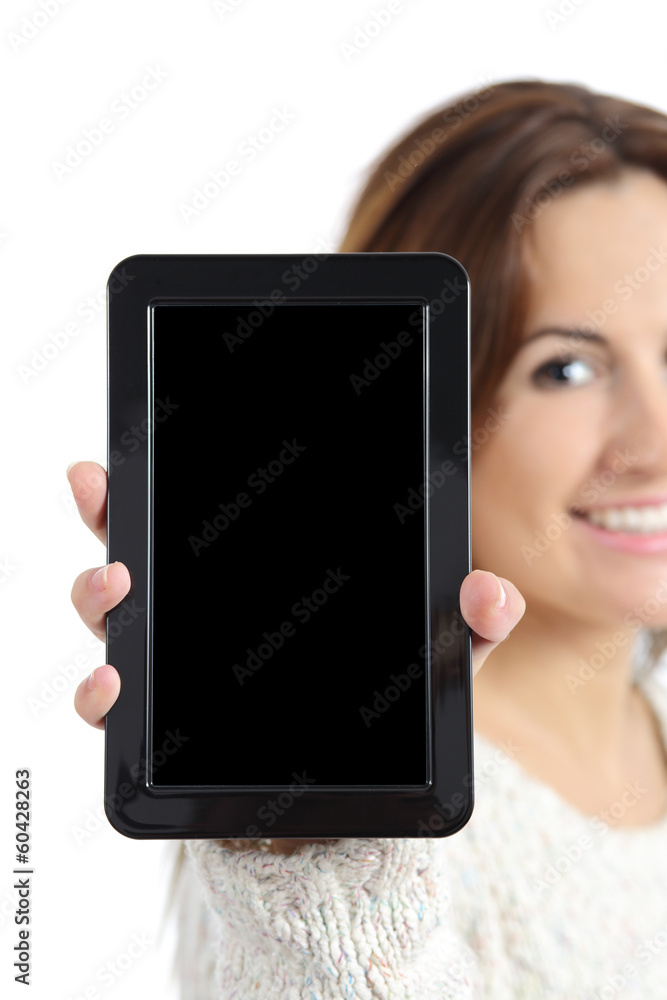Woman hand holding and showing a blank tablet pc screen Woman hand holding and showing a blank tablet pc screen