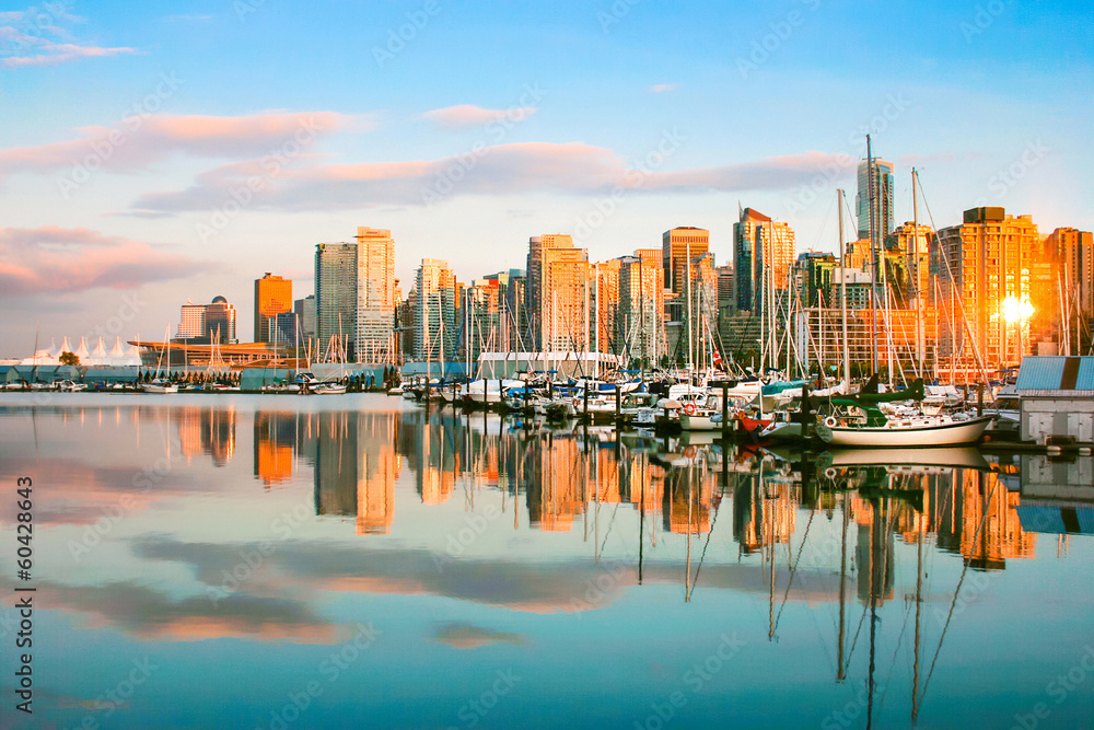 Vancouver skyline with harbor at sunset, BC, Canada