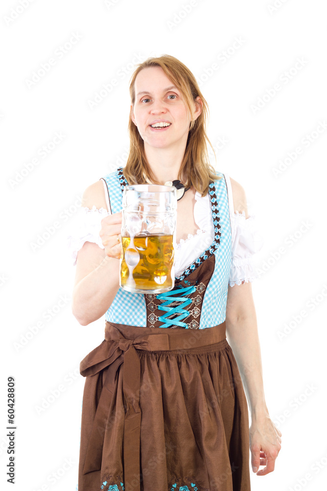 Beautiful woman wearing dirndl and holding beer glassware Beautiful woman wearing dirndl and holding beer glassware