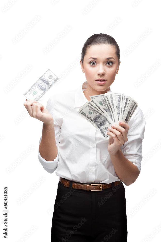 surprised young business woman holding money surprised young business woman holding money