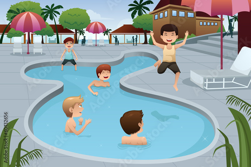 Kids playing in an outdoor swimming pool