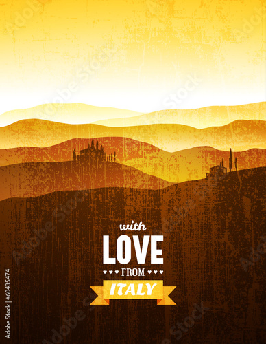 Vintage poster with a landscape of Tuscany