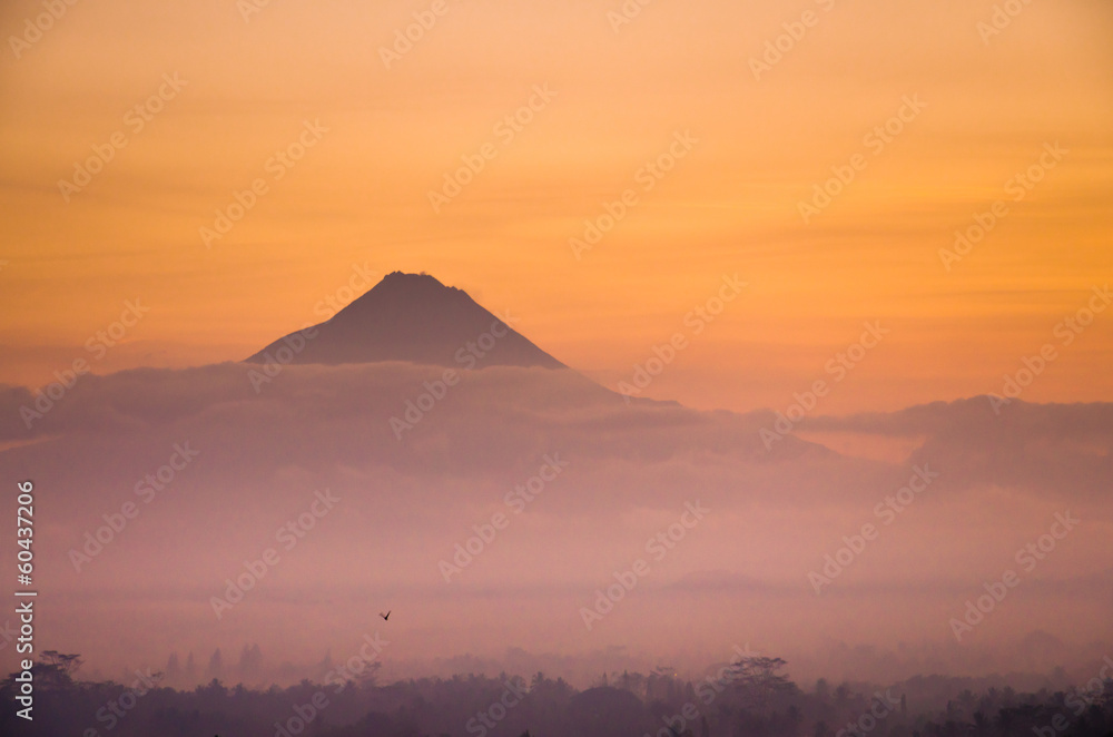 Sunrise Mountain Landscape of Mount Merapi Volcano from Borobudu