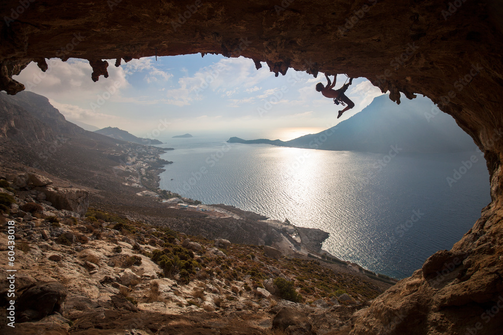 Silhouette of a rock climber at sunset, Kalymnos, Greece