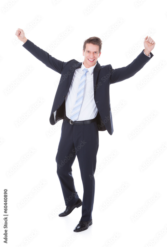 Happy Young Excited Businessman Raising Hands Happy Young Excited Businessman Raising Hands