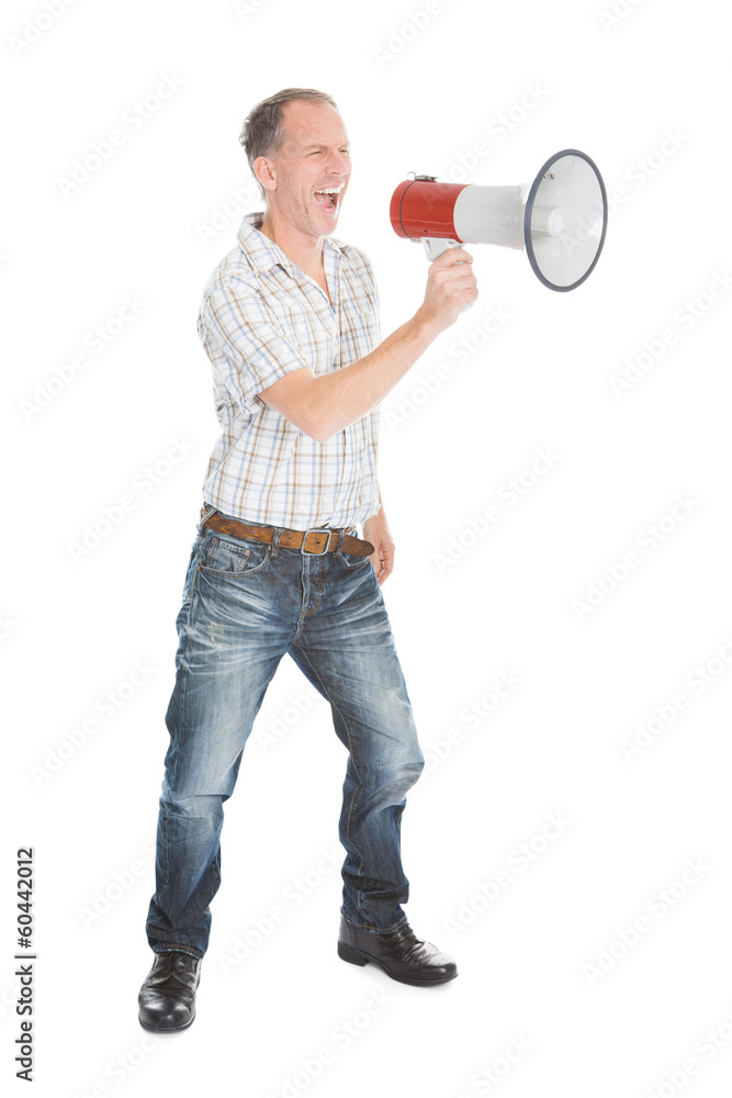 Man Shouting Through Megaphone Man Shouting Through Megaphone