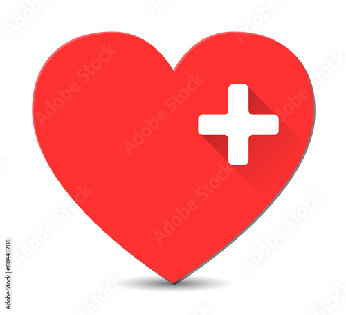 First aid medical sign on red heart shape in flat style with lon