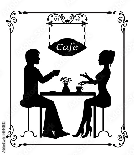 silhouettes of a loving couple in a cafe and vintage frame