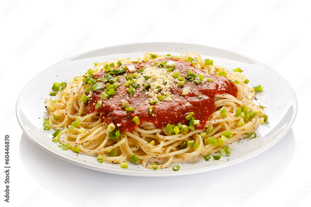 Pasta with tomato sauce, parmesan and vegetables