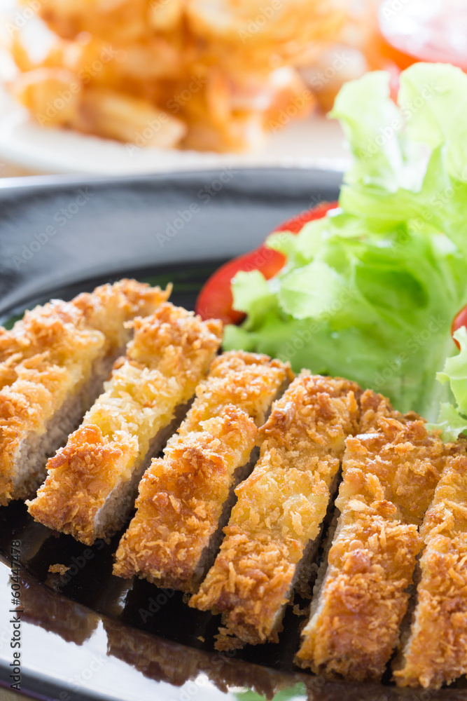 Deep fried breaded pork rice with salad Deep fried breaded pork rice with salad