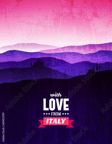 Vintage poster with a landscape of Tuscany