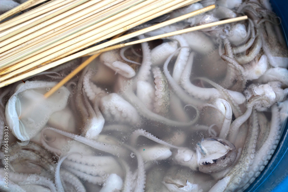 Fresh squid in market with skewers Fresh squid in market with skewers