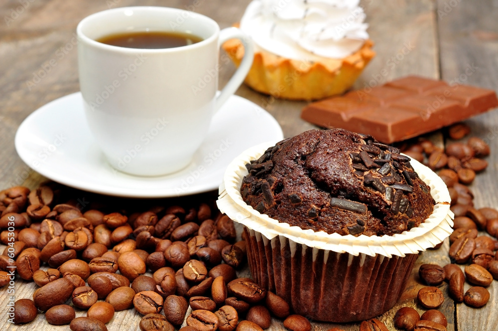 coffee with muffin, cake and chocolate coffee with muffin, cake and chocolate