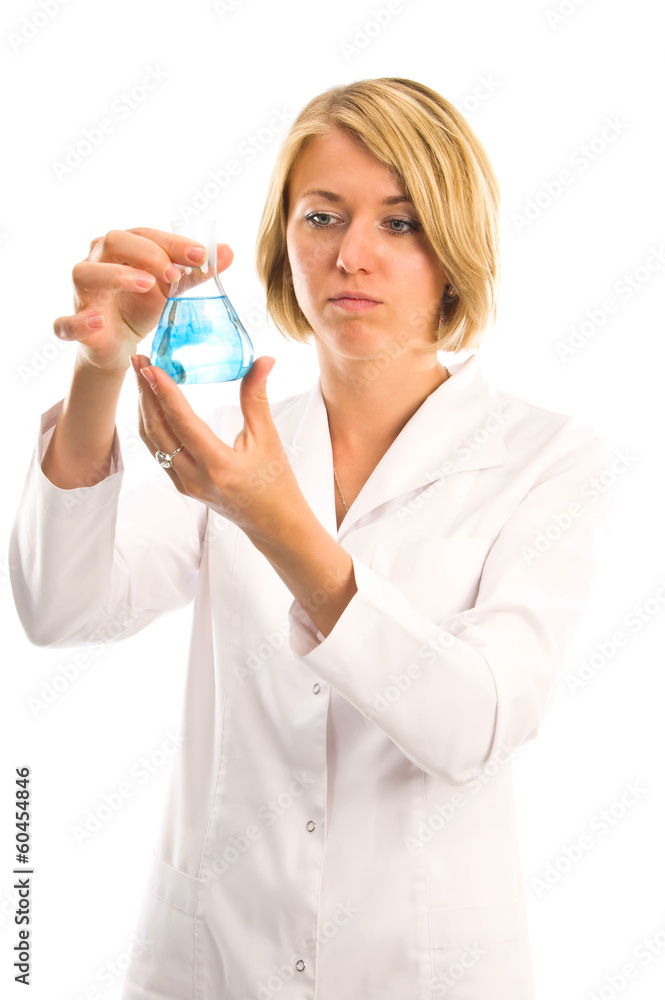 Chemist woman with test tubes isolated over a white background Chemist woman with test tubes isolated over a white background
