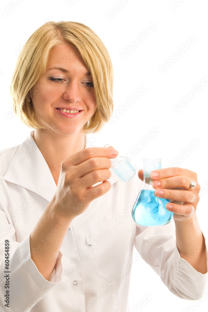 Chemist woman with test tubes isolated over a white background Chemist woman with test tubes isolated over a white background