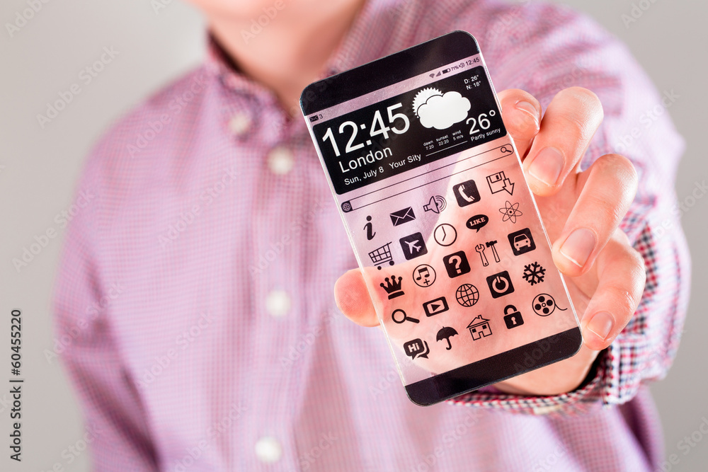 Smartphone with transparent screen in human hands. Smartphone with transparent screen in human hands.