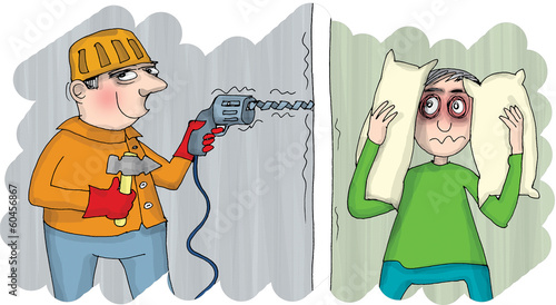 Noise at home.Construction worker drilling and man covering his