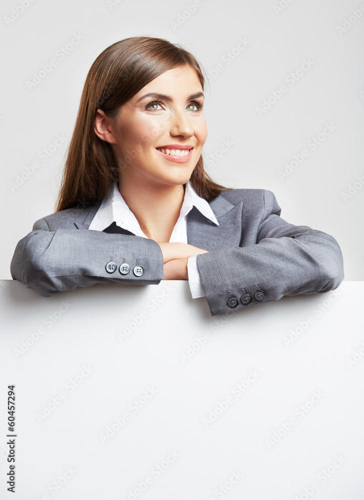 Young smiling woman with blank board isolated Young smiling woman with blank board isolated