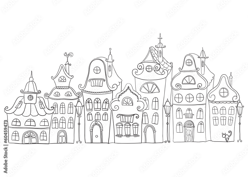 Hand drawn vintage homes. Old town