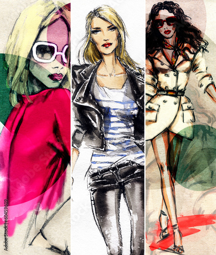 Obraz trzy kobiety - akwarela na temat mody