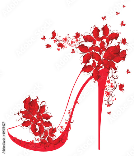 Shoes on a high heel decorated with butterflies. Vector