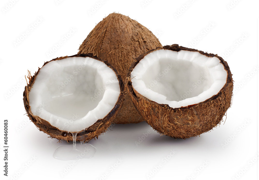 Coconut on a white background. Parts of coconut Coconut on a white background. Parts of coconut