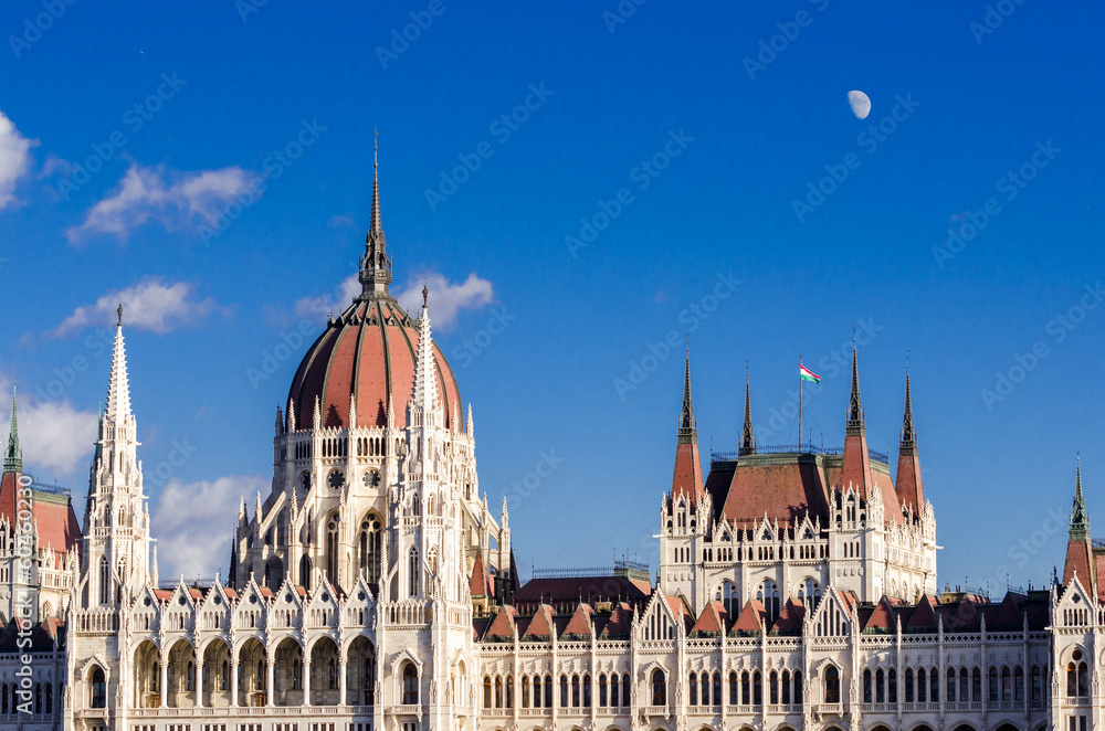 Budapest, Hungarian Parliament Building and moon
