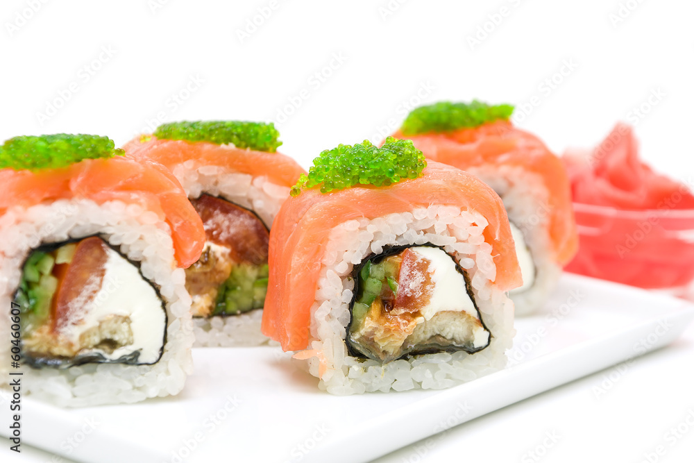 Japanese rolls close-up on white background. Japanese rolls close-up on white background.