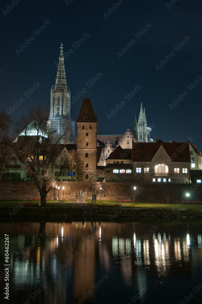 Skyline of German City Ulm with Cathedral (Münster) at night