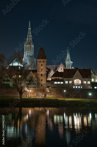 Skyline of German City Ulm with Cathedral (Münster) at night