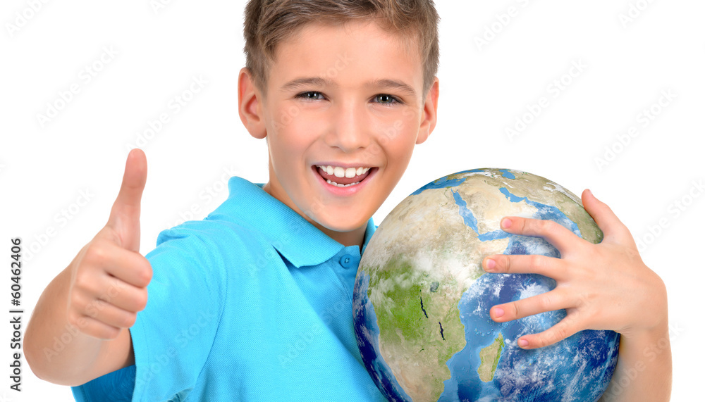 Smiling boy in casual holding planet earth with thumbs up Smiling boy in casual holding planet earth with thumbs up