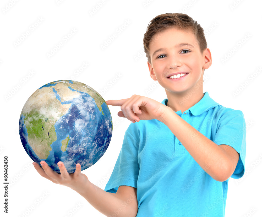 Smiling boy in casual holding planet earth in hands Smiling boy in casual holding planet earth in hands