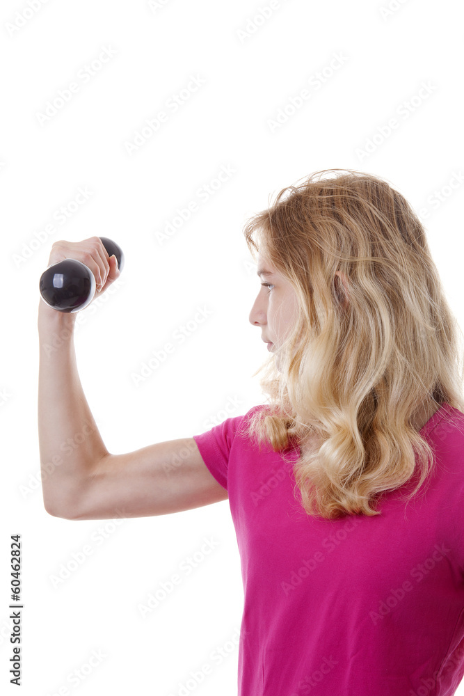 Girl is sporting with dumbbells