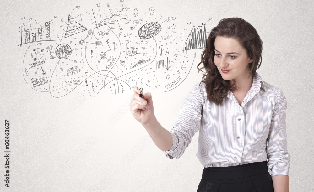 Pretty girl sketching graphs and diagrams on wall Pretty girl sketching graphs and diagrams on wall
