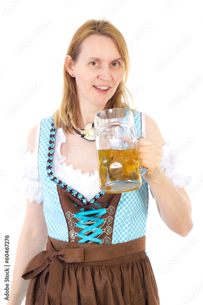Blond woman with dirndl and beer at Oktoberfest Blond woman with dirndl and beer at Oktoberfest