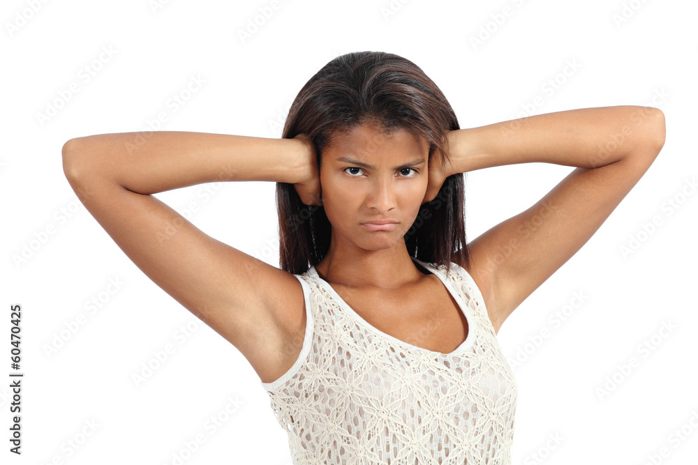 African american woman with her hands covering the ears African american woman with her hands covering the ears