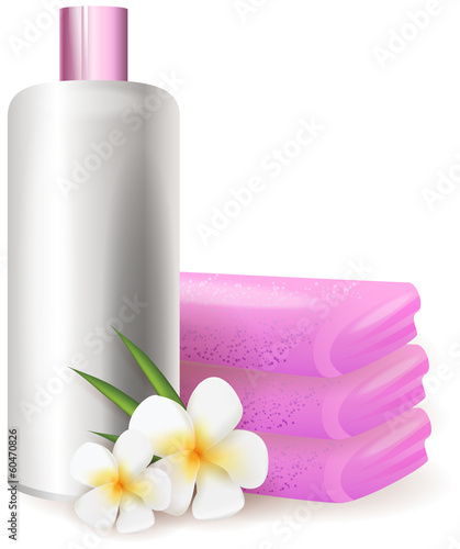 Shampoo with plumeria flowers background