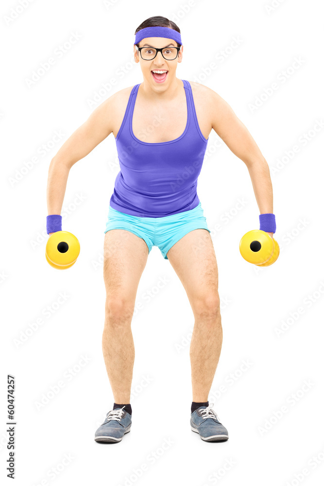 Nerdy guy exercising with dumbbells Nerdy guy exercising with dumbbells