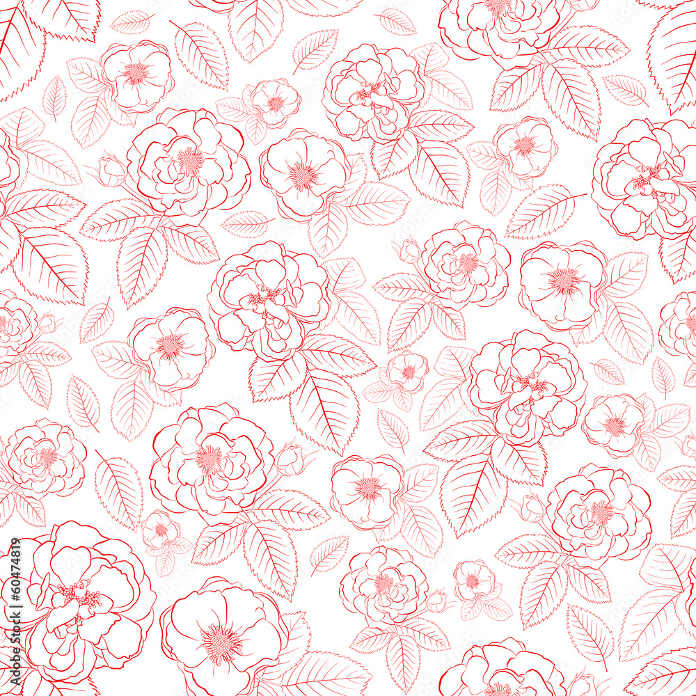 Seamless pattern of flowers, red on white